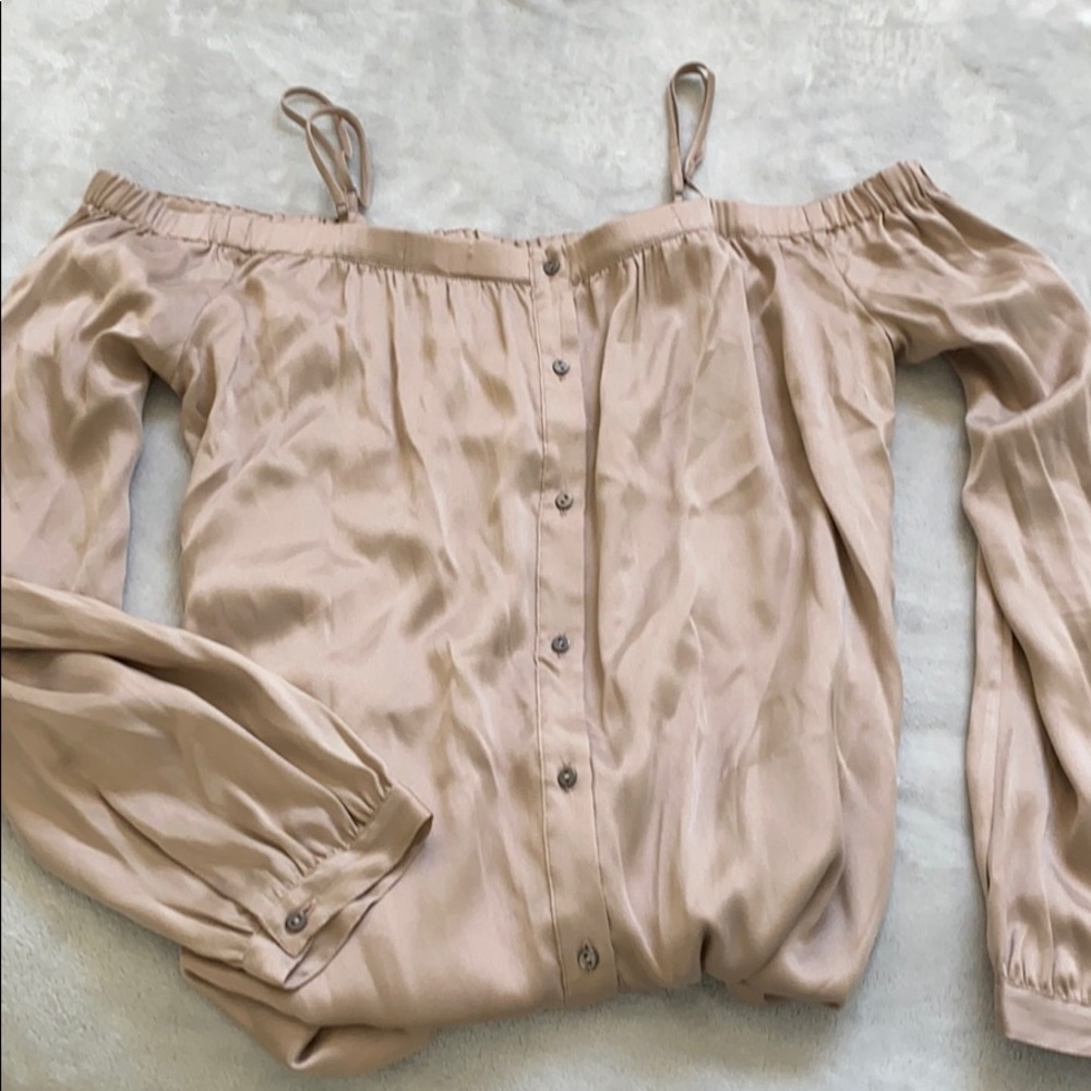 Rosegold silk Haute Hippie off the shoulder blouse